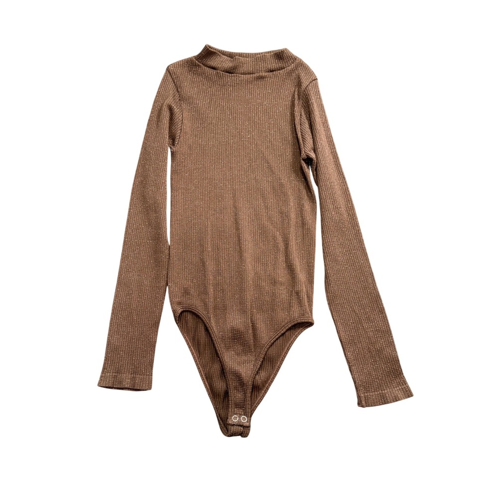 Aura Bronze Metallic Ribbed Mock Neck Long Sleeve Bodysuit SBS1805-L Womens S/M